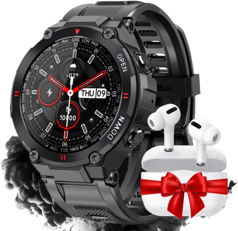 Smartwatch Bluetooth Military Watches for Men Outdoor Waterproof Tactical Watches for Men Dial Calls Speaker 1.3'' HD Touch Screen Fitness Tracker Watch Compatible with iPhone Samsung
