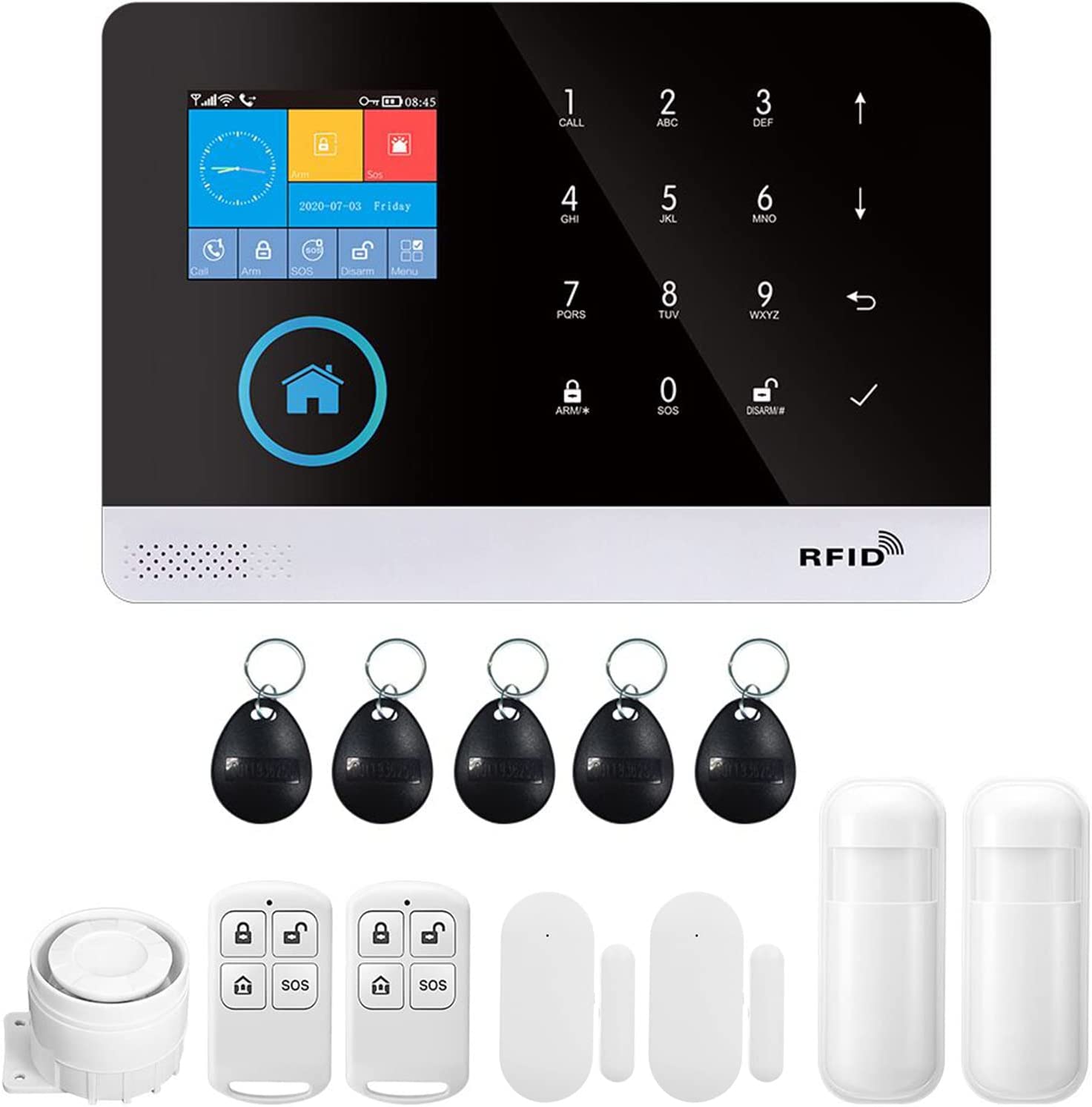 Splenssy WiFi GSM Home Alarm Security System, 2.4in LCD Wireless DIY Smart Home Burglar Security Alarm System 10 Piece Kit, Compatible with Alexa Google Home Voice Control