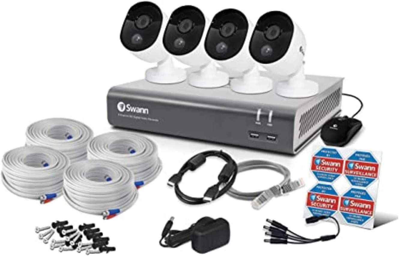 Swann Home DVR Security Camera System with 1TB HDD, 8 Channel 4 Camera, 1080p Full HD Video, Indoor or Outdoor Wired Surveillance CCTV, Heat and Motion Detection, 845804
