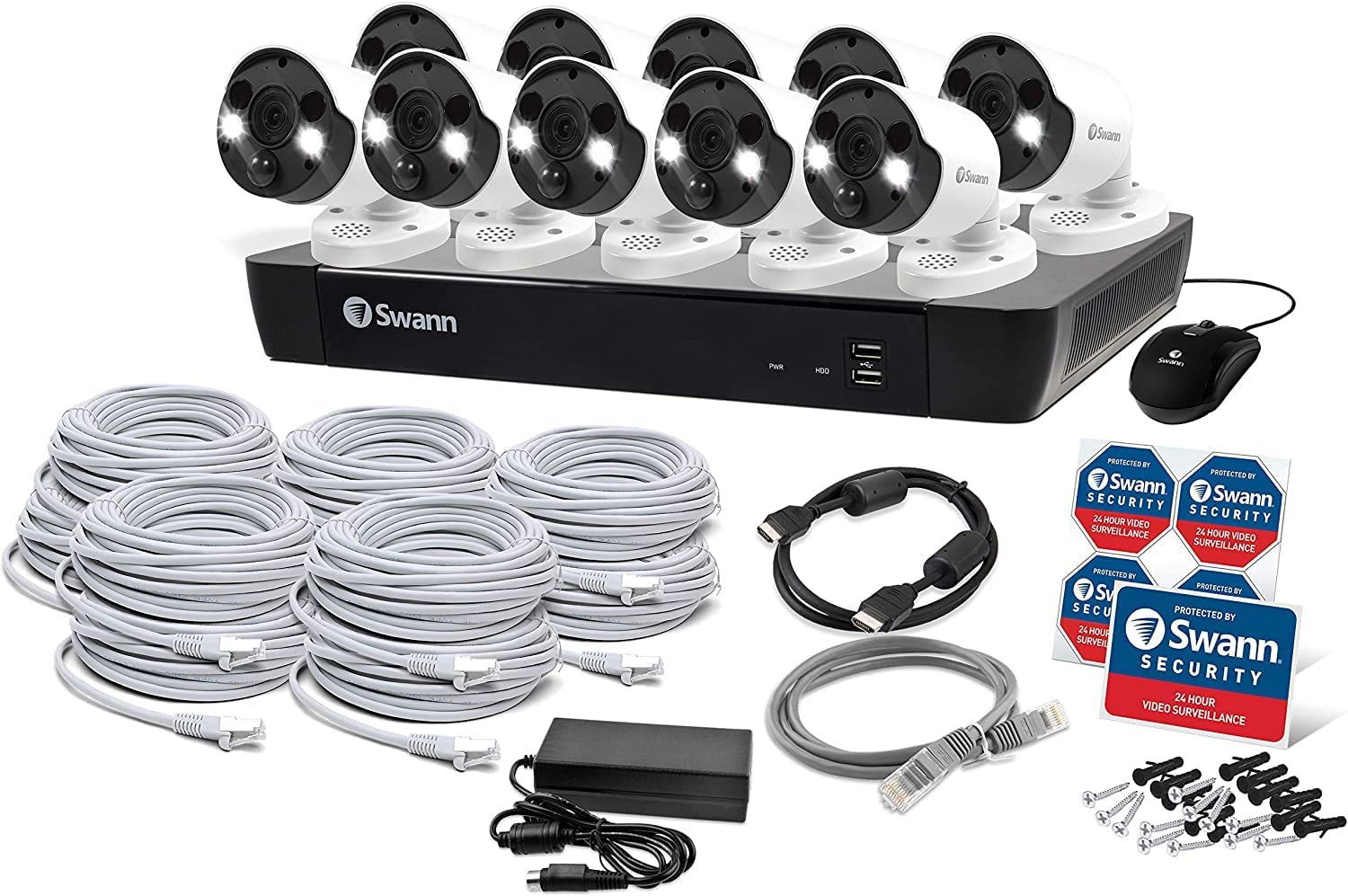 Swann Home Security Camera System with 2TB HDD, 8 Channel 8 Cam, POE Cat5e NVR 4K HD Video, Indoor or Outdoor Wired Surveillance CCTV, Color Night Vision, Heat Motion Detection, LED Lights, 886808FB