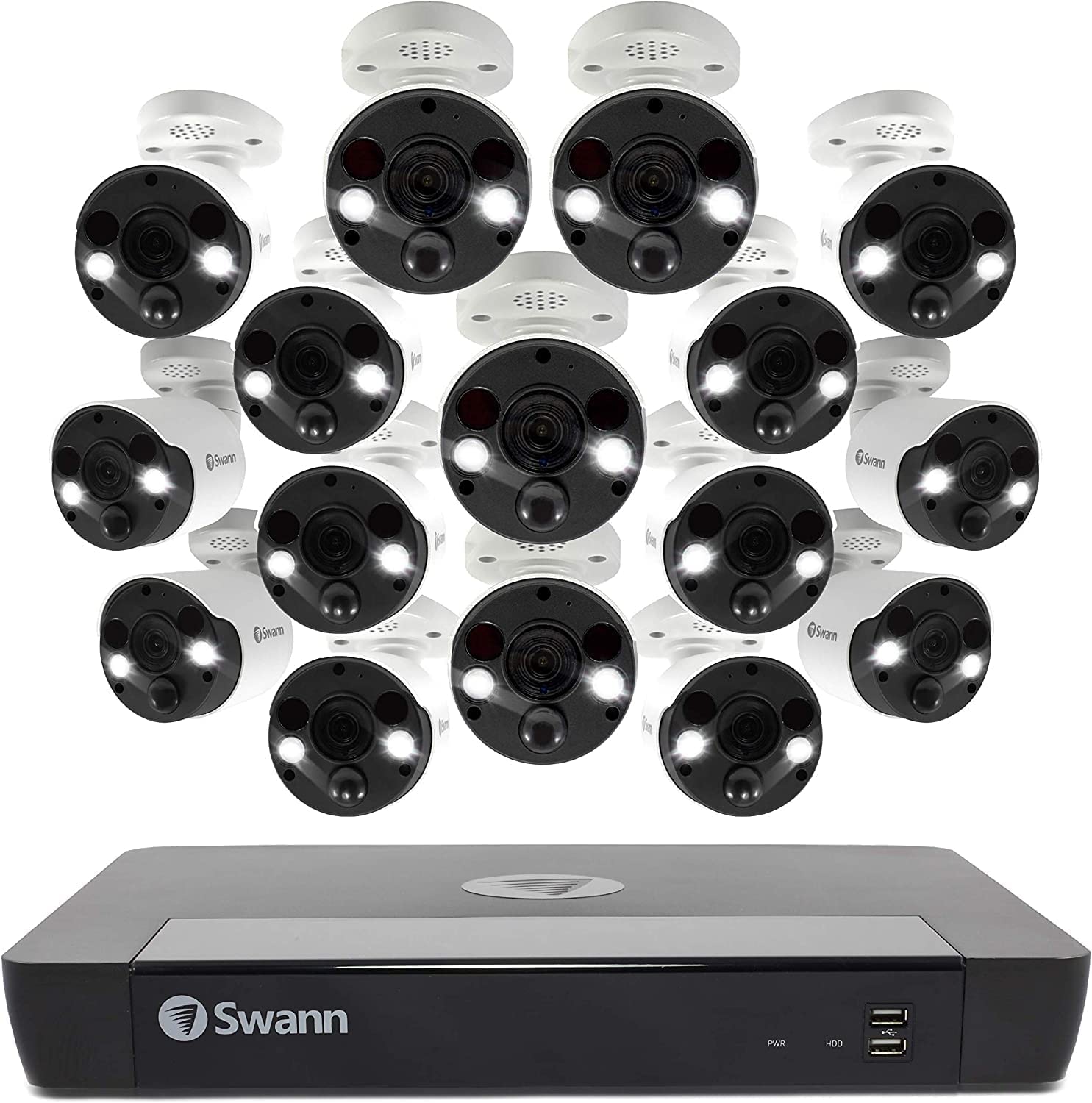 Swann Home Security Camera System with 2TB HDD, 8 Channel 8 Cam, POE Cat5e NVR 4K HD Video, Indoor or Outdoor Wired Surveillance CCTV, Color Night Vision, Heat Motion Detection, LED Lights, 886808FB