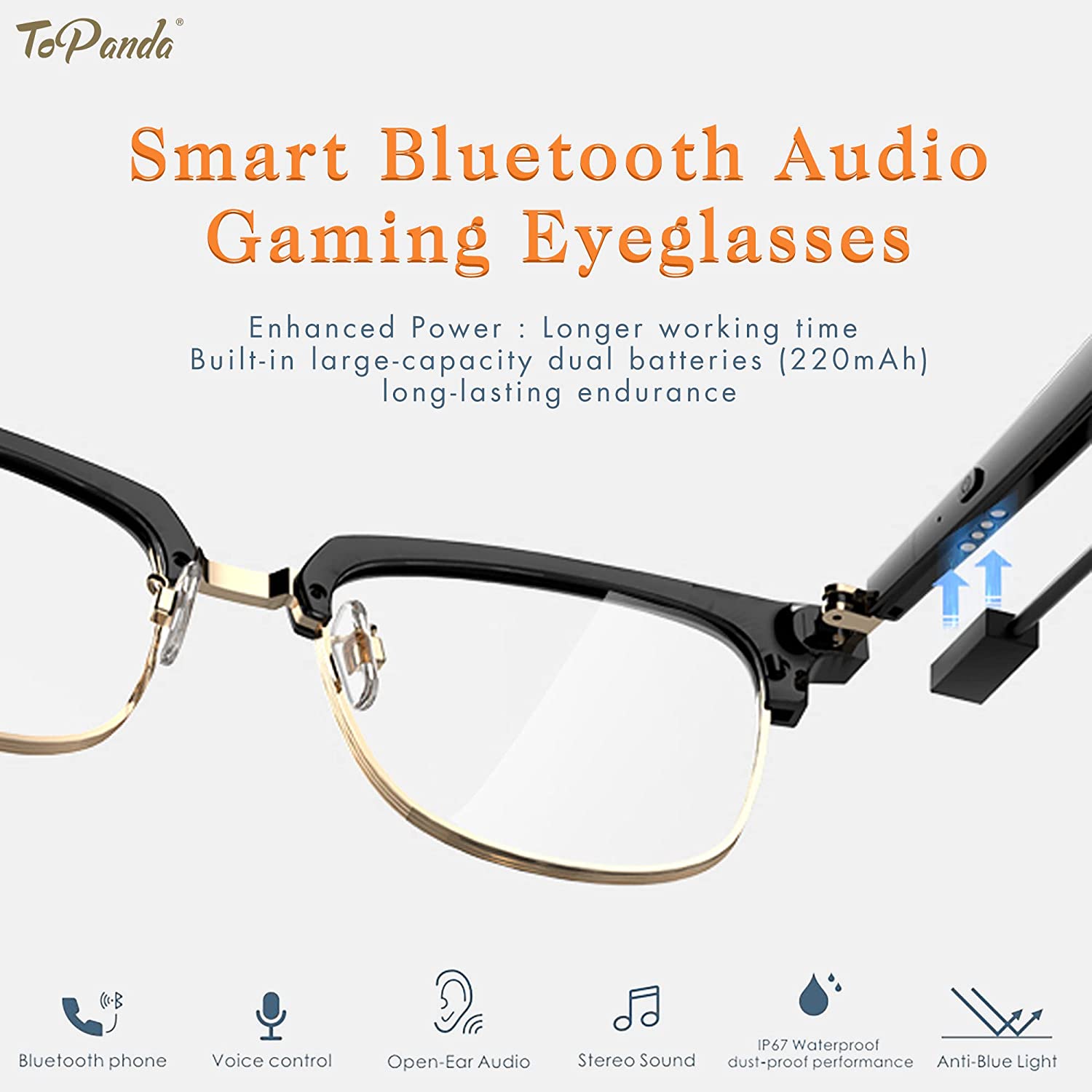 ToPanda Smart Audio Glasses (3rd Gen), TWS Open Ear Speakers with Bluetooth 5.0 Connectivity for Gaming Meeting Traveling Driving, Enhanced power & Waterproof, Unisex.