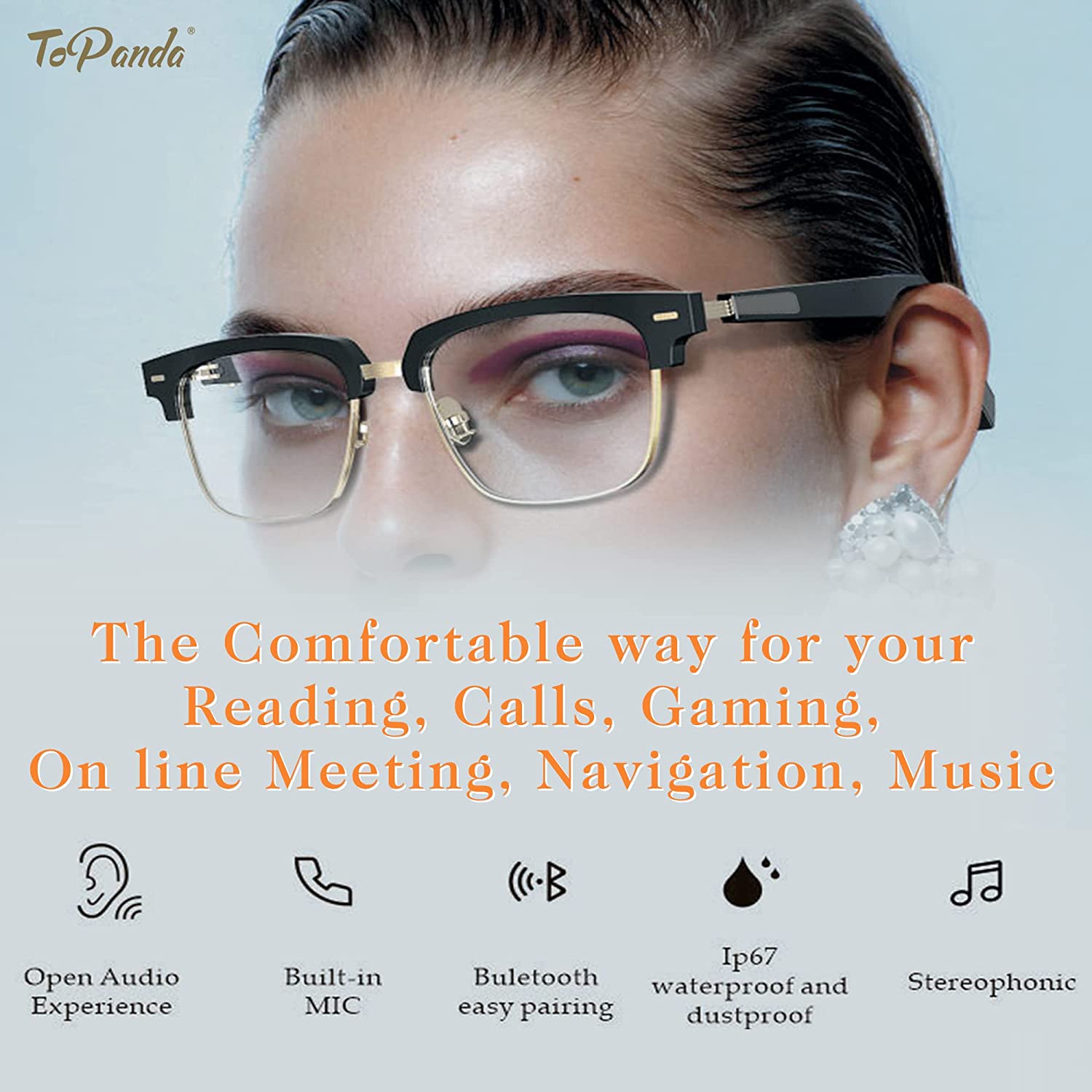 ToPanda Smart Audio Glasses (3rd Gen), TWS Open Ear Speakers with Bluetooth 5.0 Connectivity for Gaming Meeting Traveling Driving, Enhanced power & Waterproof, Unisex.