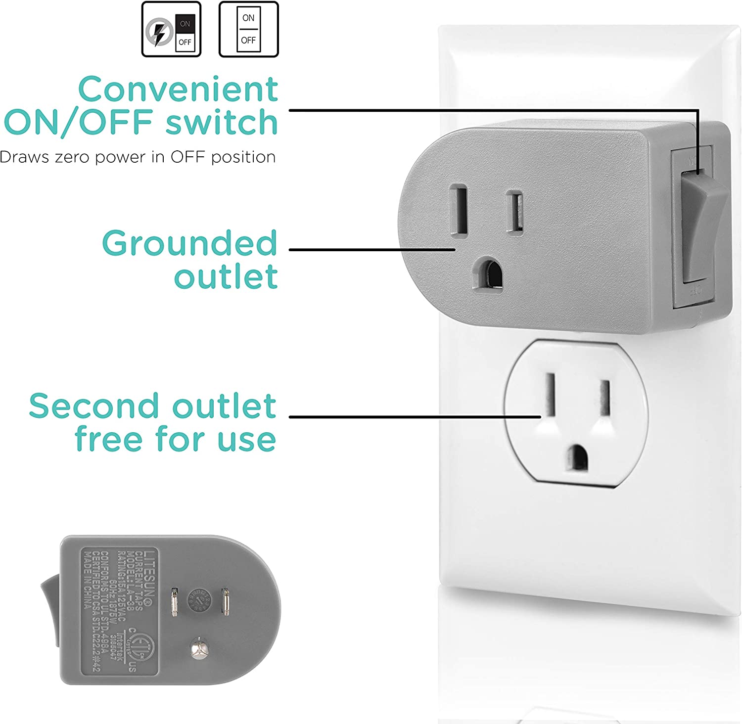 UltraPro Grounded Power Switch, Outlet Extender, 3-Prong, Easy to Install, for Indoor Lights and Small Appliances, Energy Efficient Adapter, Space Saving Design, UL Listed, Gray, 45203