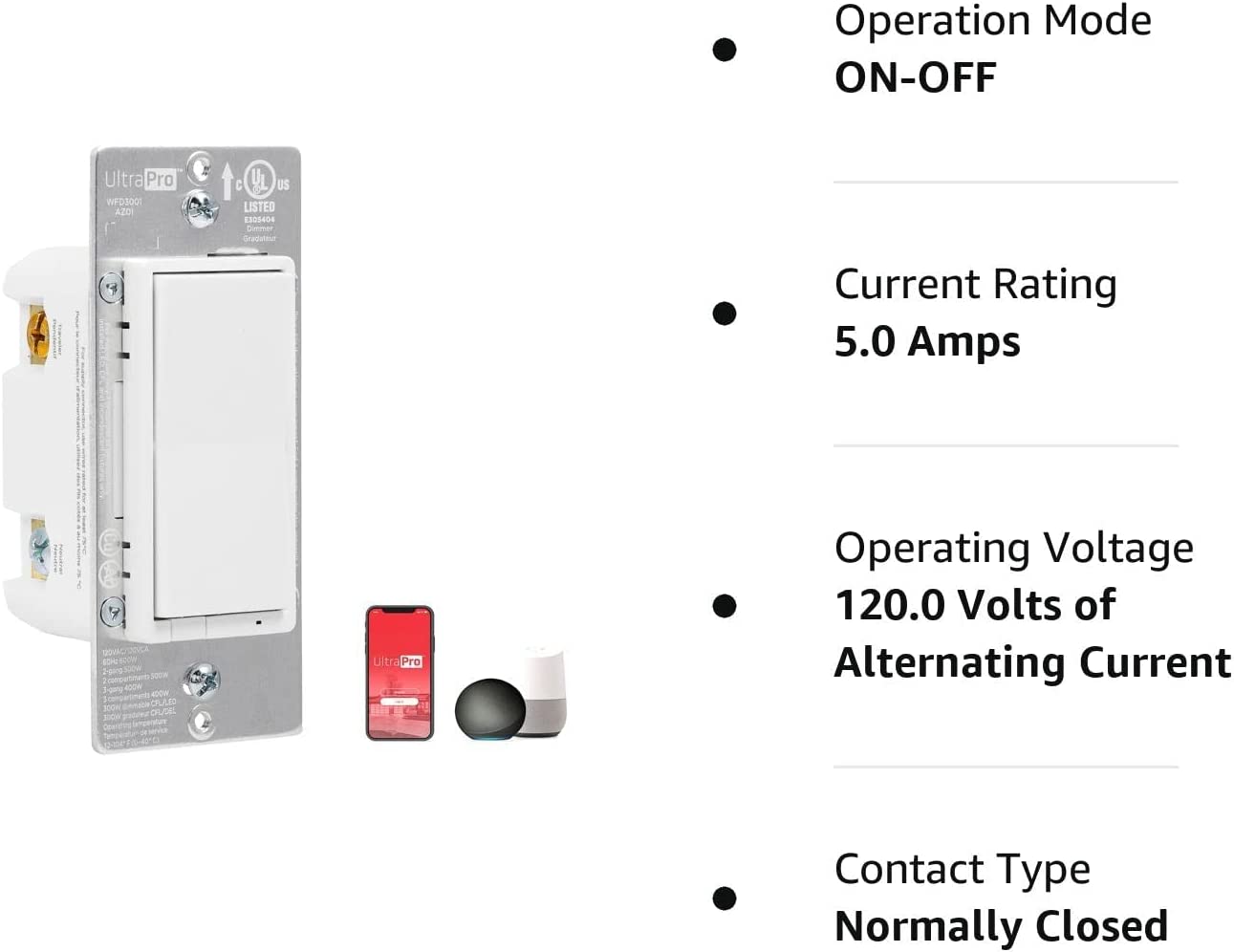 UltraPro Smart Switch, 2.4GHz Wi-Fi Smart Light Switch, QuickFit & SimpleWire, 3 Way Switch, Works with Alexa, Google Assistant, No Hub Needed, UL Certified, Needs Neutral Wire, White, 1 Pack, 51424