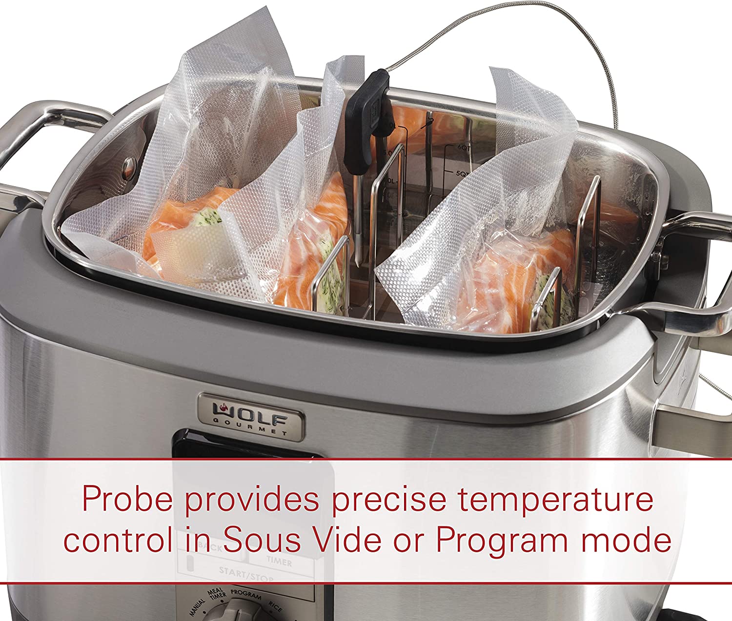 Wolf Gourmet Programmable 6-in-1 Multi Cooker with Temperature Probe, 7 qrt, Slow Cook, Rice, Sauté, Sear, Sous Vide, Stainless Steel, Red Knob (WGSC100S)