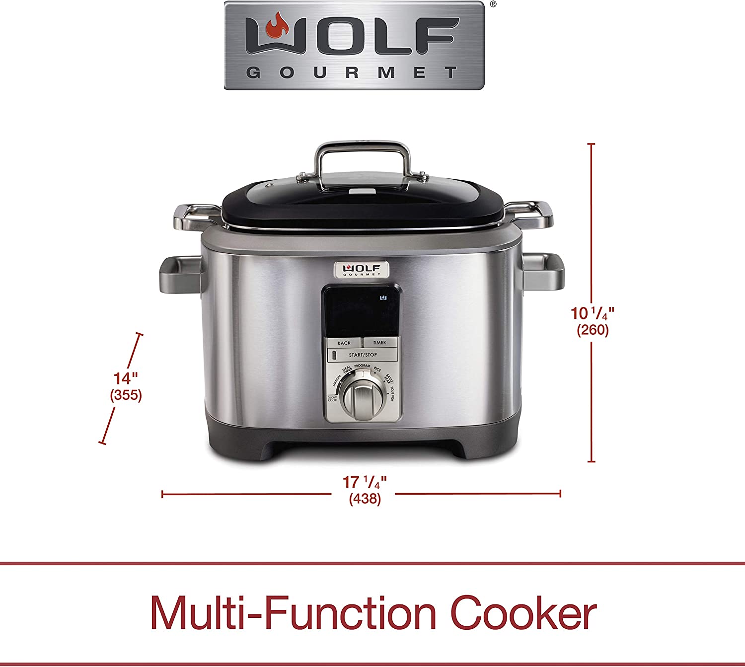 Wolf Gourmet Programmable 6-in-1 Multi Cooker with Temperature Probe, 7 qrt, Slow Cook, Rice, Sauté, Sear, Sous Vide, Stainless Steel, Red Knob (WGSC100S)