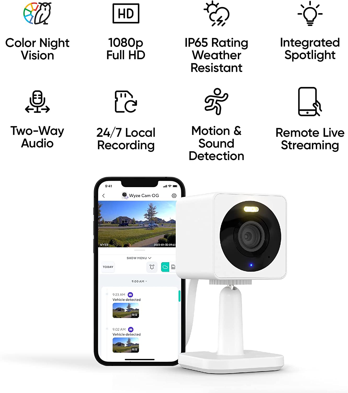 WYZE Cam OG Security Camera, Indoor/Outdoor, 1080p HD Wi-Fi Security Camera with Color Night Vision, Built-in Spotlight, Motion Detection, 2-Way Audio, Compatible with Alexa & Google Assistant, White