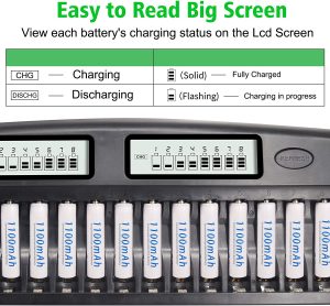 16 Bay Smart Battery Charger LCD Display for AA/AAA NiMH/NiCd Rechargeable Batteries with Built-in IC Protection & AC Wall Adapter (Upgraded Charger White/Blue Screen)