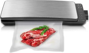 Automatic Food Vacuum Sealer System - 110W Sealed Meat Packing Sealing Preservation Sous Vide Machine w/ 2 Seal Modes, Saver Vac Roll Bags, Vacuum Air Hose - NutriChef PKVS35STS (Stainless Steel)