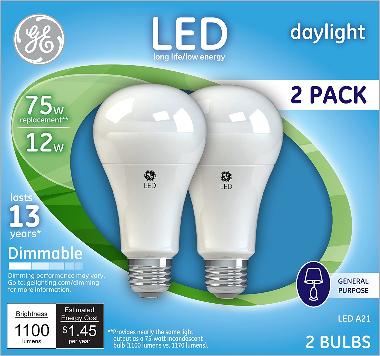 GE Lighting 65941 LED A19 Light Bulb with Medium Base, 15-Watt, Soft White, 2-Pack, 2 Count (Pack of 1)