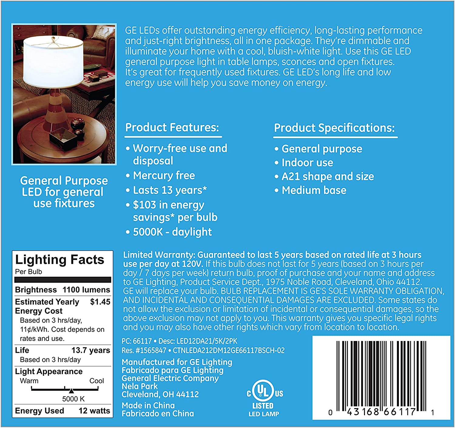 GE Lighting 65941 LED A19 Light Bulb with Medium Base, 15-Watt, Soft White, 2-Pack, 2 Count (Pack of 1)