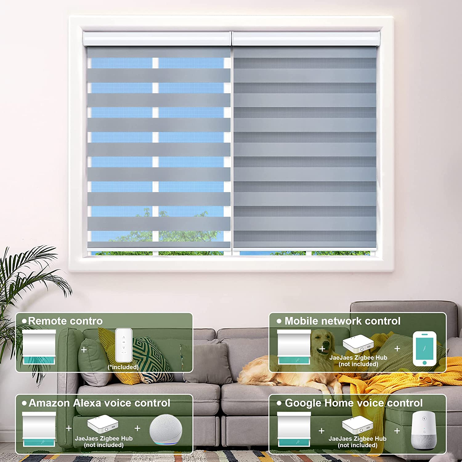 JaeJaes Motorized Zebra Blinds for Windows Shades, Smart Windows Blinds with Remote Control, Compatible with Alexa and Privacy Light Filtering, White, White, 30