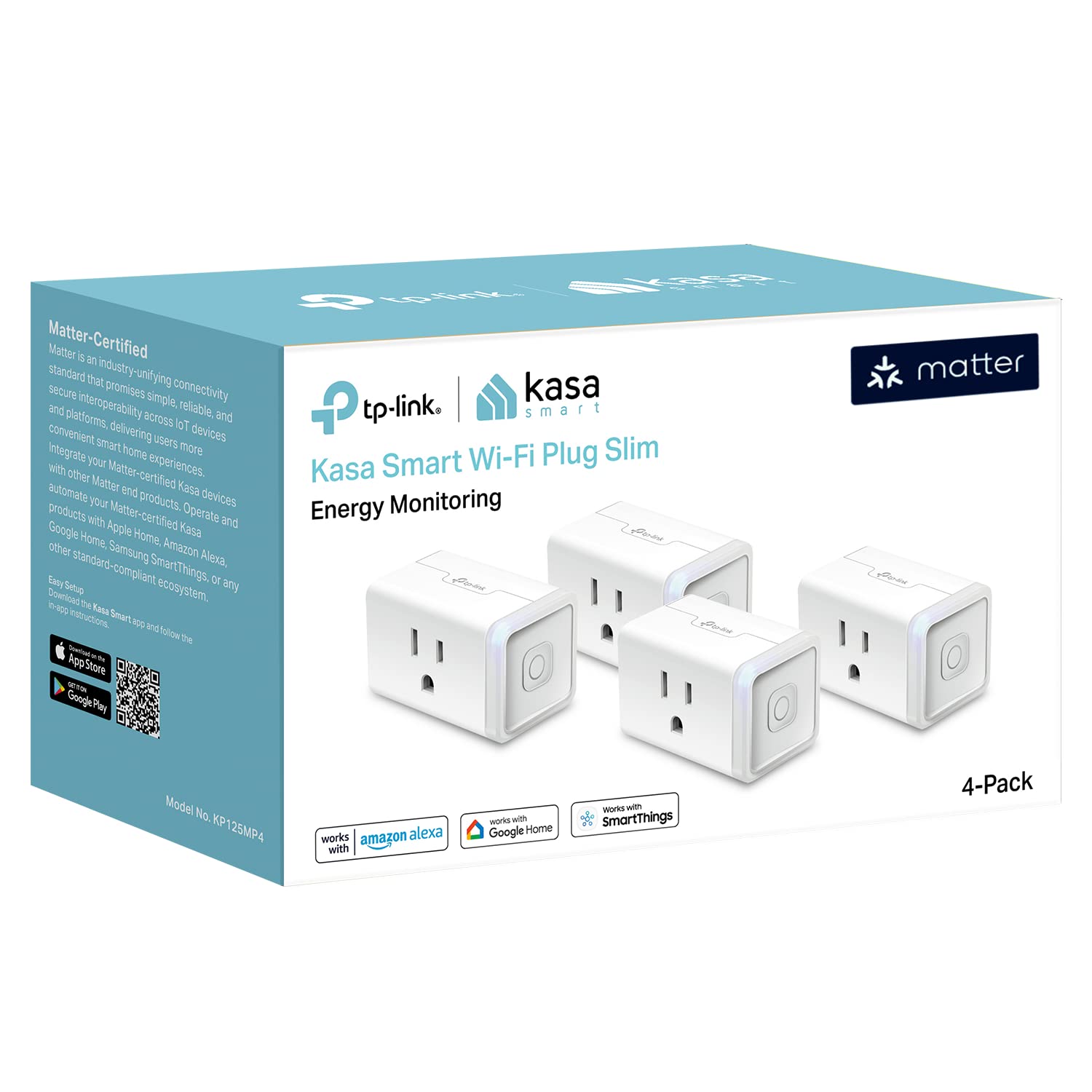 Kasa Matter Smart Plug w/ Energy Monitoring, Compact Design, 15A/1800W Max, Super Easy Setup, Works with Apple Home, Alexa & Google Home, UL Certified, 2.4G Wi-Fi Only, White, KP125M (4-Pack)