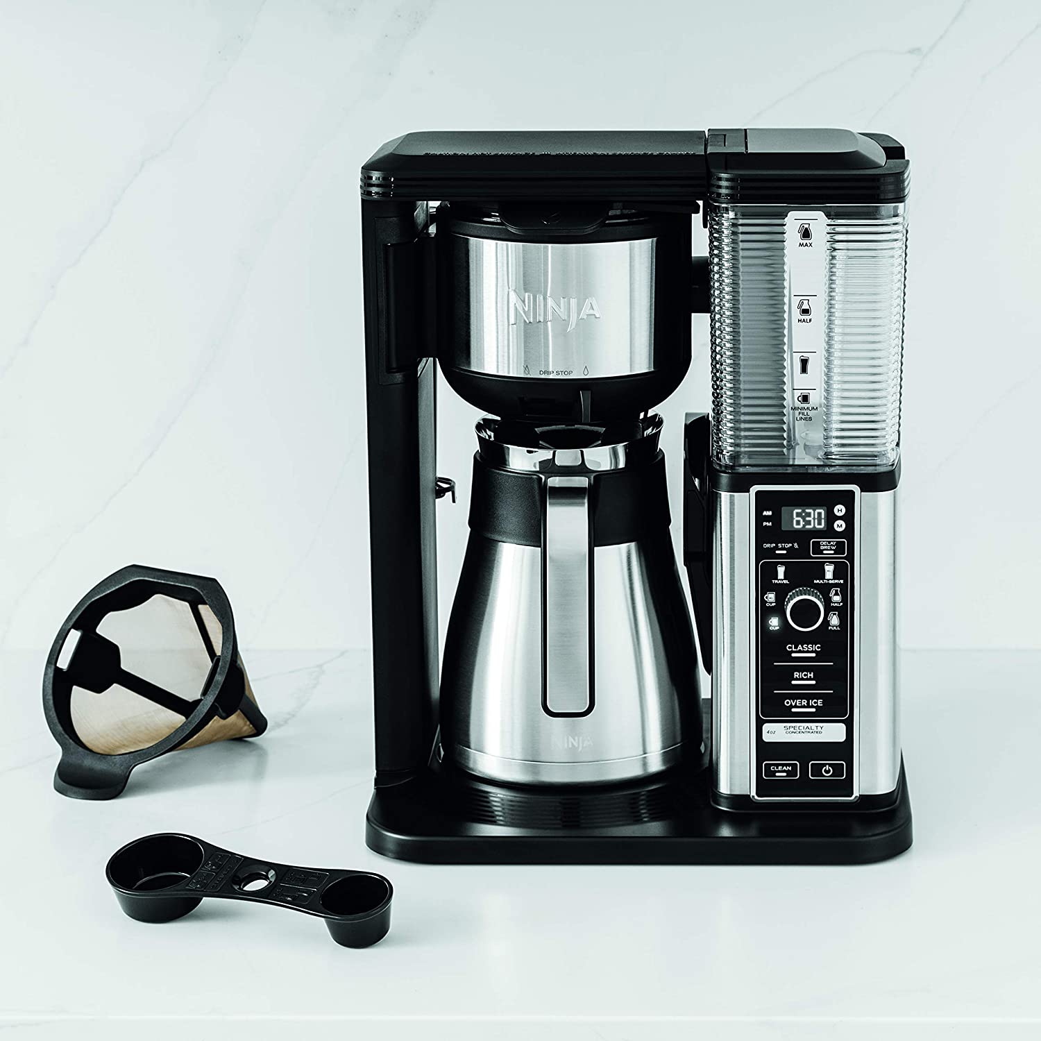 Ninja CM401 Specialty 10-Cup Coffee Maker, with 4 Brew Styles for Ground Coffee, Built-in Water Reservoir, Fold-Away Frother & Glass Carafe, Black