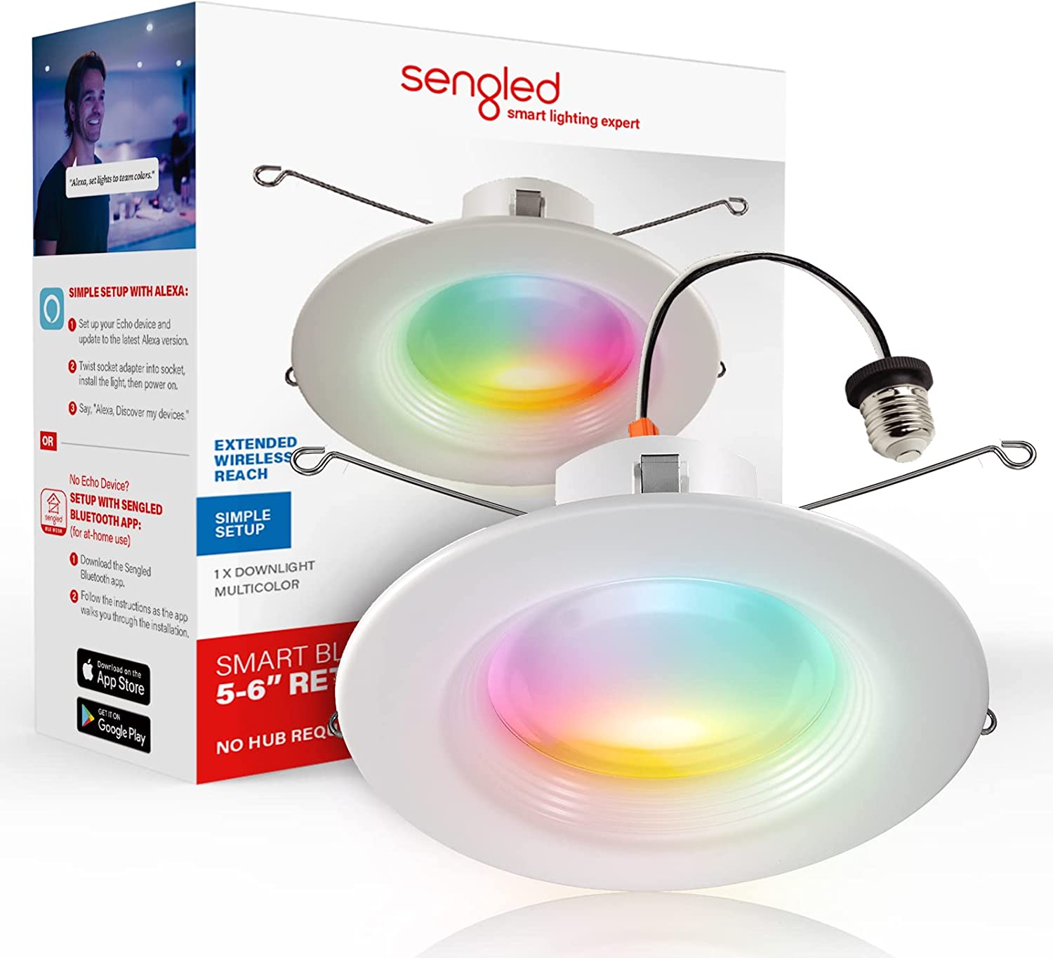 Sengled Smart Recessed Lighting, 5/6 inch 940LM LED Can Lights Retrofit Recessed Lighting Work with Alexa, Bluetooth No Hub Required, Smart LED Downlight ‎Multicolor Dimmable, Baffle Trim, 4 Pack