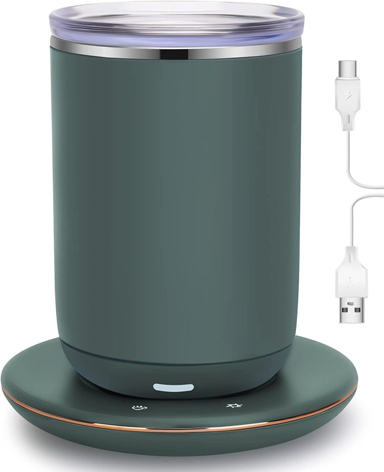 Temperature Control Smart Mug with Lid, Coffee/Tea Mug Warmer – Self Stirring, 11oz, Auto Temperature Control 131℉, USB Corded Electric, 8 Hours Auto Shut Off (Dark Green)