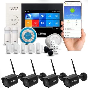 【OSI Wireless WiFi Smart Home Security DIY Alarm SYSTEM-14 Piece + 4X OSI Smart Security Bullet Camera Outdoor 1080P HD, WiFi Cameras】