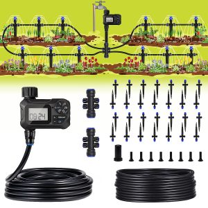 HIRALIY 118FT Automatic Drip Irrigation Kits with Garden Timer, Garden Watering System for Patio Lawn, Quick Connector Design Garden Irrigation System Kit with Easy Programmable Water Timer