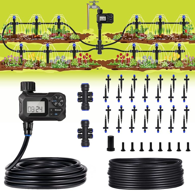 HIRALIY 118FT Automatic Drip Irrigation Kits with Garden Timer, Garden Watering System for Patio Lawn, Quick Connector Design Garden Irrigation System Kit with Easy Programmable Water Timer