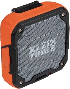 Klein Tools AEPJS2 Bluetooth Speaker with Magnetic Strip & Hook, Rechargeable, Wireless & Aux Capable, Hands Free Capable, Smart Phone Charging, 10hr Run Time, IP54 Dust & Water Resistant,Orange/Black