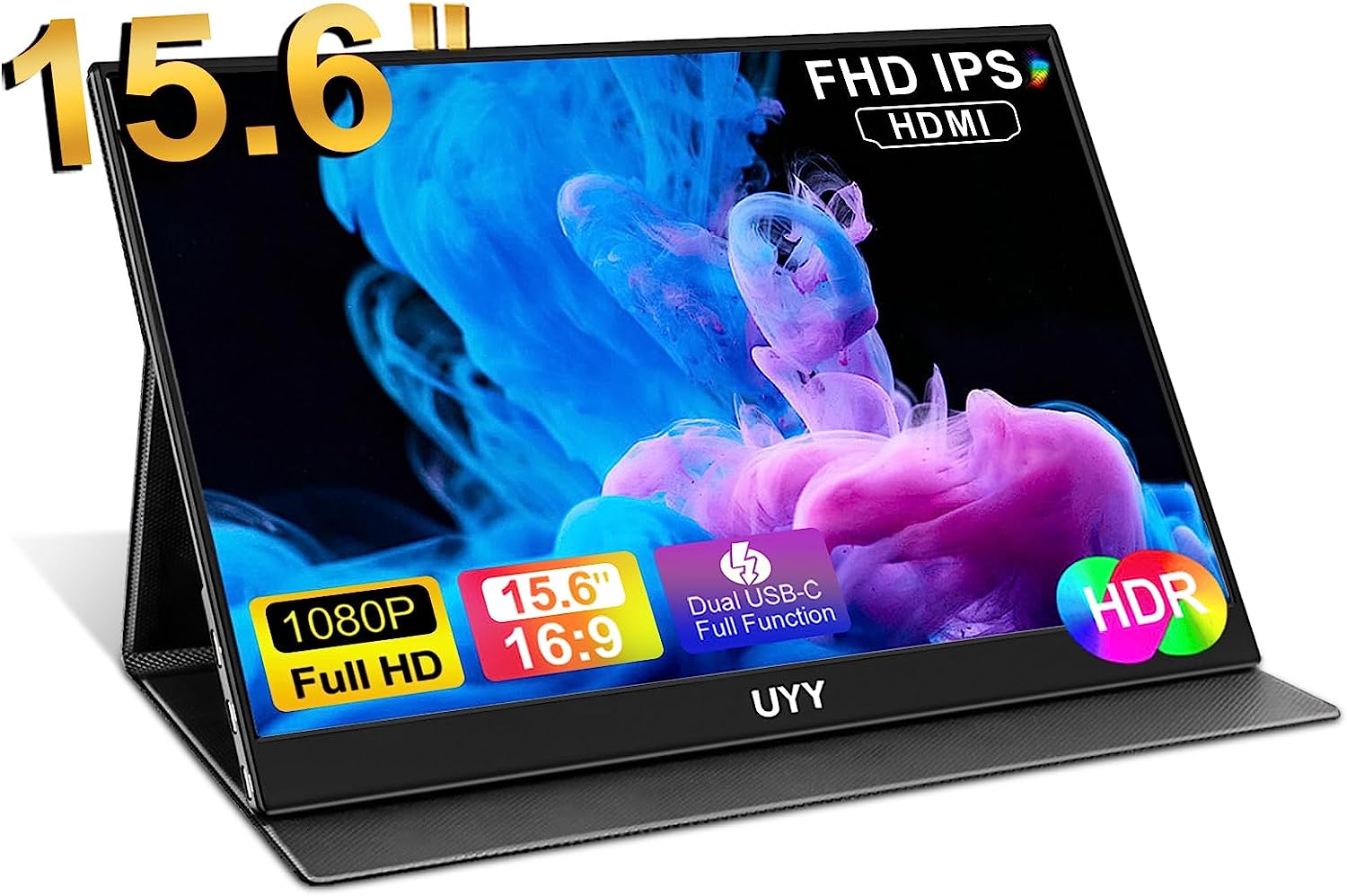 Portable Monitor 15.6″ Ultra-Thin FHD 1080P, 2023 Travel IPS Monitor, HDR Gaming Monitor with Smart Cover and Dual Speakers, HDMI, USB C, Type-C, for | Laptop| PC| Phone| Mac| PS| Game Console| Swich