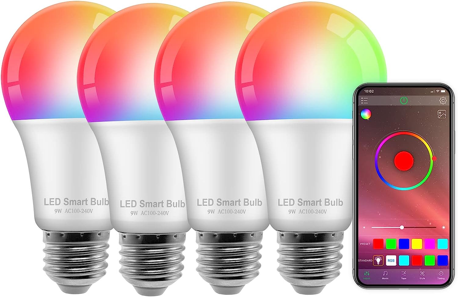 Smart LED Bulbs, Dimmable Bluetooth Light Bulb, RGBW LED Color Changing Lights with App Control, A19, E26, 9W Music Sync RGB Light Bulbs for Home Party, Pack of 4