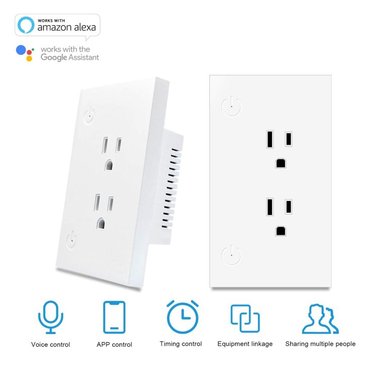 Smart Outlet 2 AC sockets WiFi Smart Outlet in Wall Compatible with Alexa & Google Assistant,15 Amp No Hub Required,Remote Control via Smartphone,Overload Protection