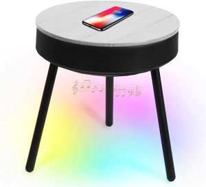 uuffoo Smart Outdoor End Table with Bluetooth Speakers, Wireless Charger, LED Accent Lights, 360 Degree Premium Sound Side Table, Grey