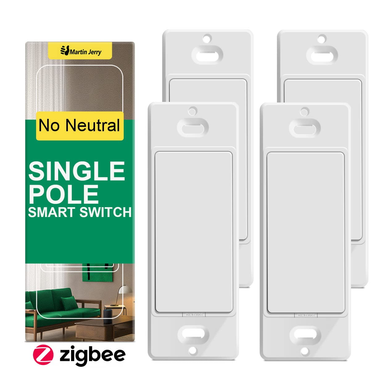 Zigbee Smart Switch no Neutral Required | 4 Pack Smart Light Switch Compatible with Alexa and Work with Google Home, Smart Home Devices