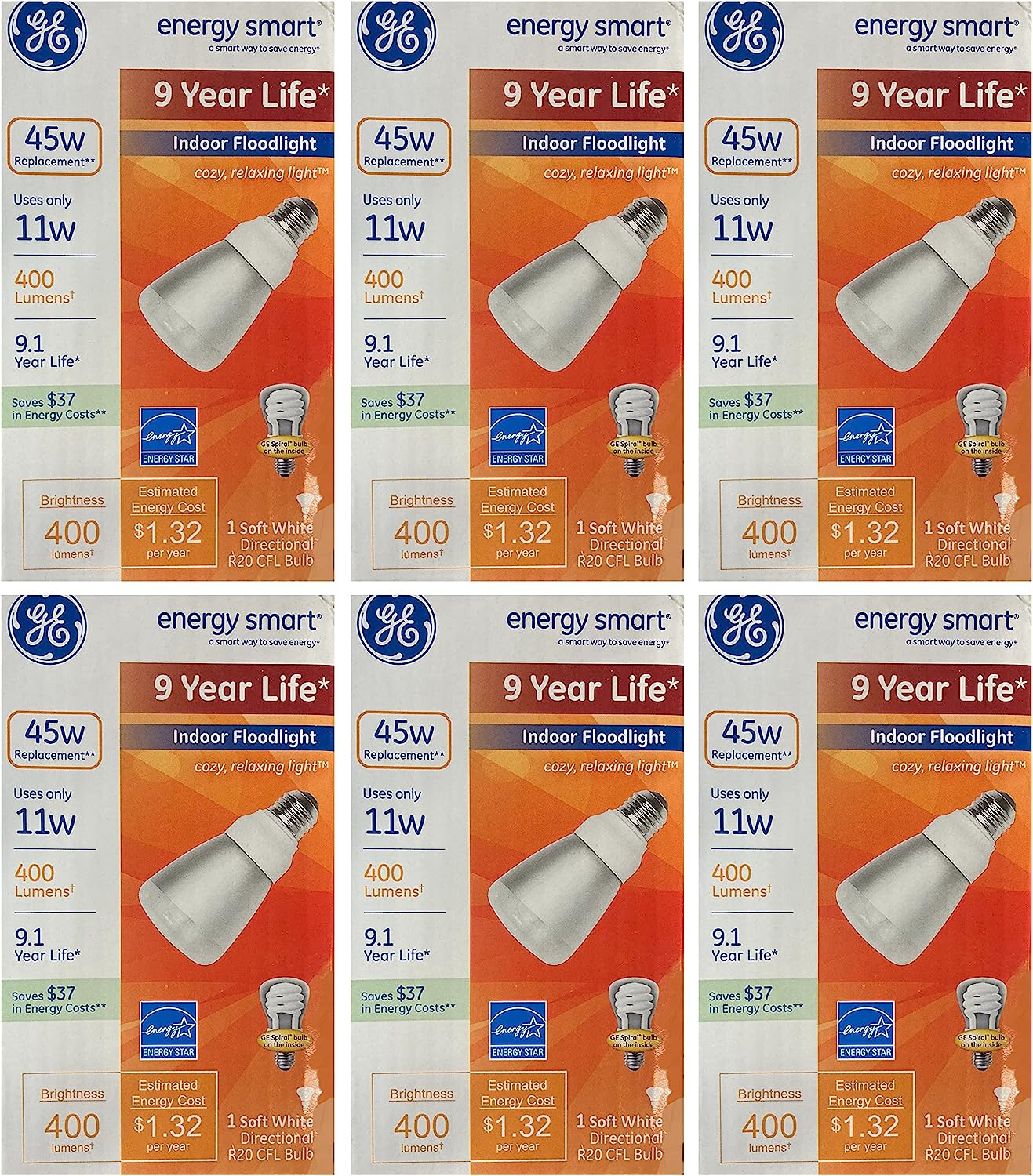 (6 Bulbs) GE Energy Smart CFL R20, 400 lumens, 45 watt Equivalent, Soft White Directional R20 Indoor Floodlight CFL Bulb