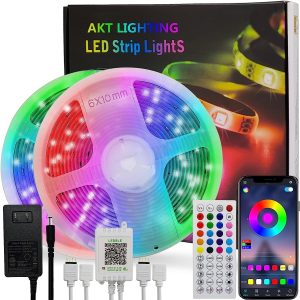 AKT LIGHTING Smart LED Dimmable Lights Strip Music Sync Color Changing, RGB Strip Light with Remote&App Command,Party Lights for Bedroom Living Room Kitchen Stairs Bar Decoration(4 Rolls of 65.6ft)