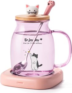 Bsigo Smart Coffee Mug Warmer & Cute Cat Glass Mug Set, Beverage Warmer for Desk Office, Cup Warmer Plate for Milk Tea Water with Two Temperature Setting(Up to 140℉/ 60℃), 8 Hour Auto Shut Off, Green