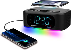 Emerson Radio ER100401 Smartset 15Watt Ultra Fast Wireless Charging Dual Alarm Clock Radio with Bluetooth Speaker, USB Charger, Cyan LED Night Light and 1.4" Display , Black