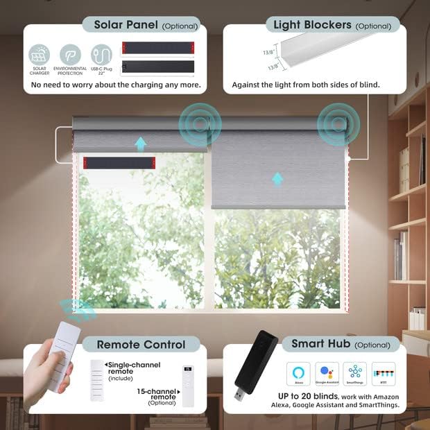 Motorized Blinds with Remote: Canisteo Battery Powered Control Electric Smart Roller Blinds Shades with Remote for Windows Cordless 100% Blackout, Grey, 33″ W X 72″ H