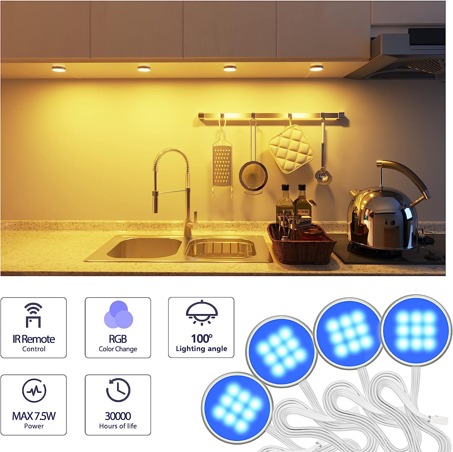 MYPLUS Smart Under Cabinet Lights, Dimmable Puck Lights Work with Alexa and Google Home,WiFi Controlled Adjustable Color Temperatures and Smart CCT LED Light Fixture(2.75 inch-4PCS)