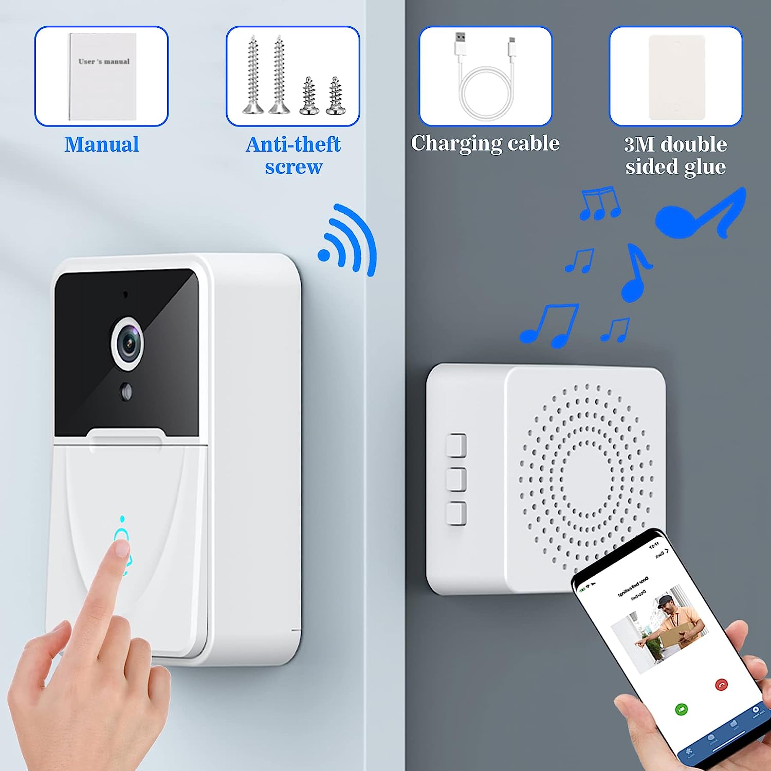 Smart door bell,Video Doorbell, Camera Wireless Intercom Doorbell, Anti-Theft Video Doorbell with Chime, Night Vision 2.4Ghz WiFi, for Houses Apartments Offices