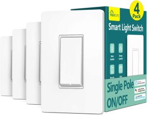 TREATLIFE Smart Light Switch Single Pole Smart Switch Works with Alexa, Google Home and SmartThings, 2.4GHz Wi-Fi Timer Light Switch, Neutral Wire Required, No Hub Required, ETL Listed, FCC, 4 Pack