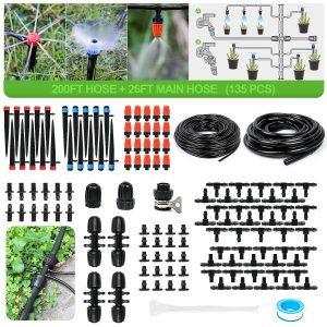 MIXC 226FT Greenhouse Micro Drip Irrigation Kit Automatic Irrigation System Patio Misting Plant Watering System with 1/4 inch 1/2 inch Blank Distribution Tubing Hose Adjustable Nozzle Emitters Sprinkler Barbed Fittings