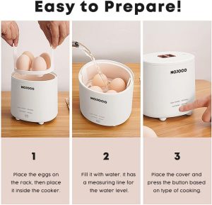 Mojoco Rapid Egg Cooker - Mini Egg Cooker for Steamed, Hard Boiled, Soft Boiled Eggs and Onsen Tamago - Electric Egg Boiler for Home Kitchen, Dorm Use - Smart Egg Maker with Auto Shut OFF and Alarm