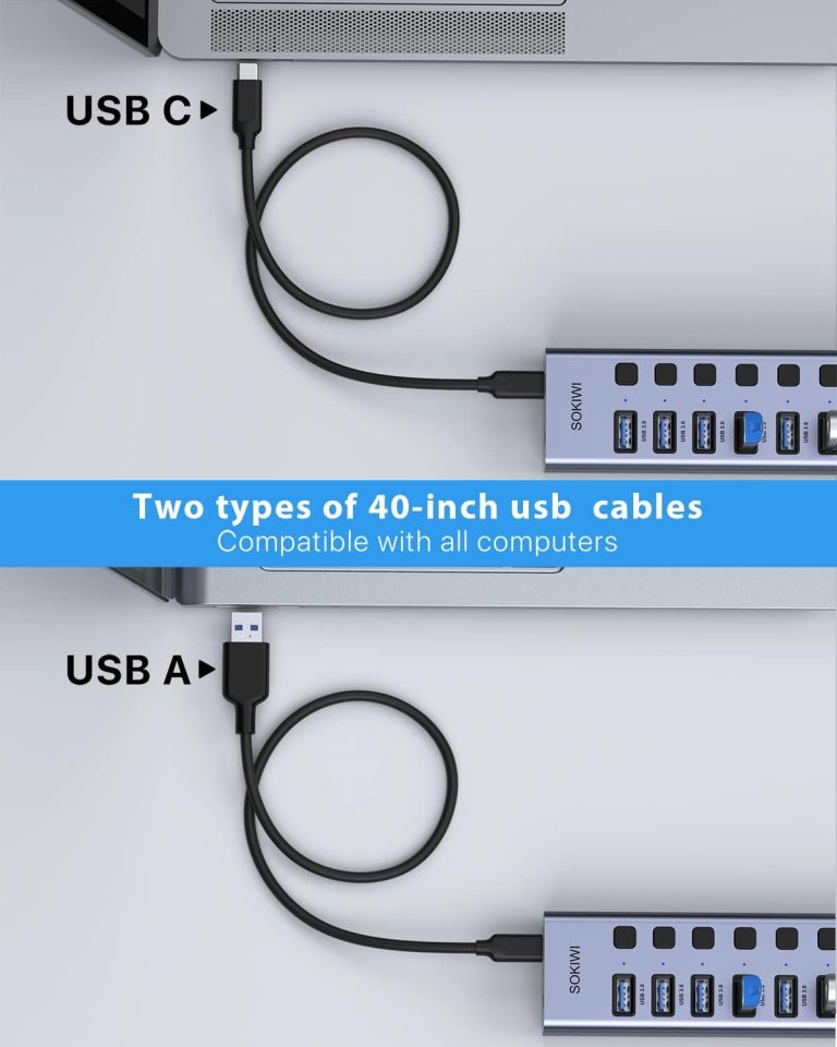 Powered USB Hub 3.0/3.1- Sokiwi USB Hub- Aluminum USB Port Hub Expender- USB C Hub Splitter with Individual On/Off Switches for Laptop/PC