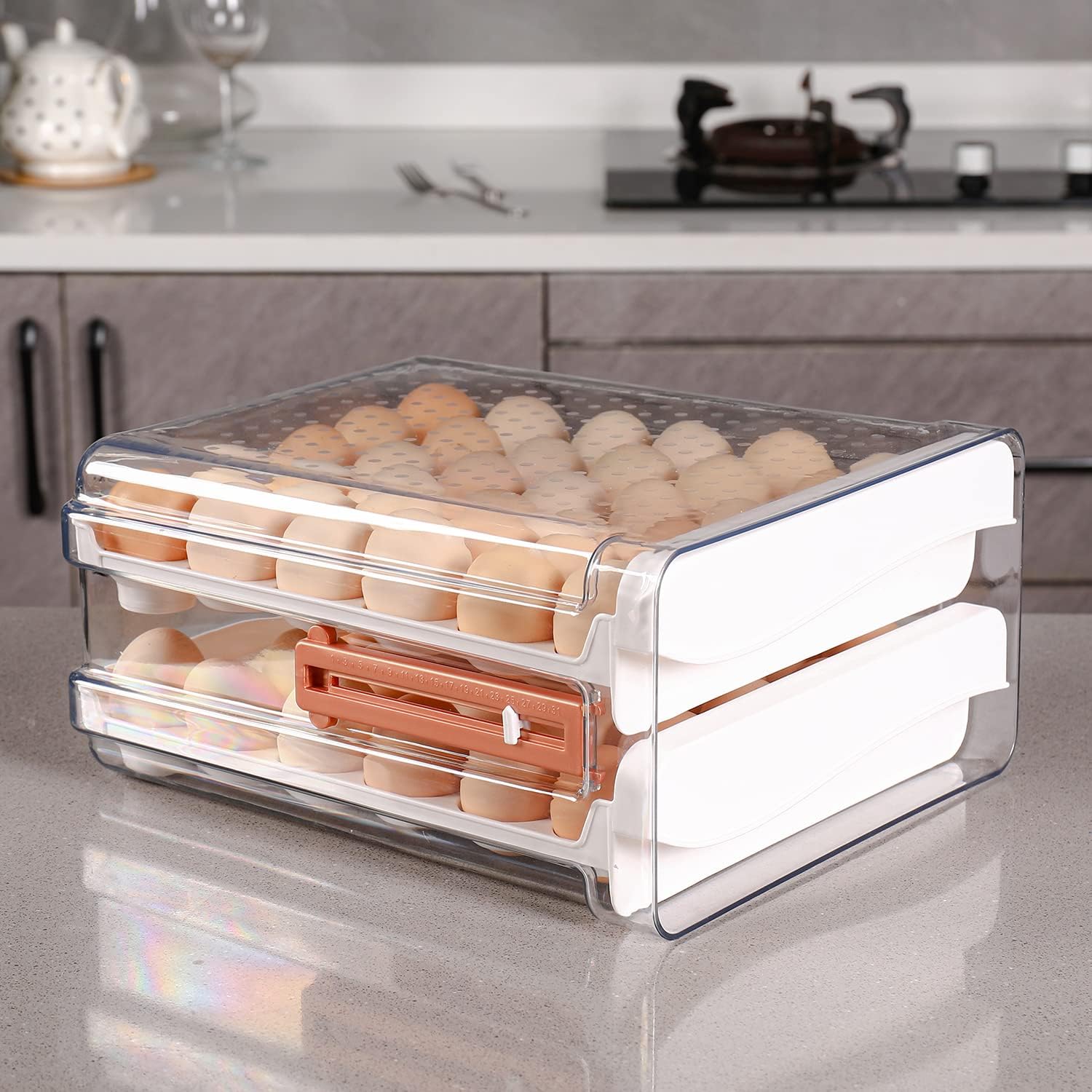 Sooyee 40 Capacity Egg Container for Refrigerator, Household Egg Holder for Fridge, Transparent 2 Drawers Chicken Egg Storage Container,White
