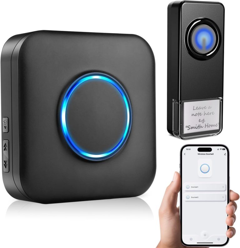 Wireless Doorbell Wifi, Smart Door Bell with Chime Weatherproof 600 FT Range 5 Volume Levels for Home/Office/Stores (1 Wifi Plug-in Receiver & 1 Doorbell Button)