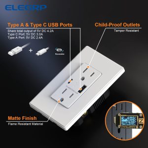 ELEGRP USB Outlet, 15 Amp Wall Outlet with USB Ports, 21W USB Outlets Receptacles with Type A & Type C Ports, Tamper Resistant Receptacle, Wall Plate Included, Ul Listed (6 Pack, Matte White)