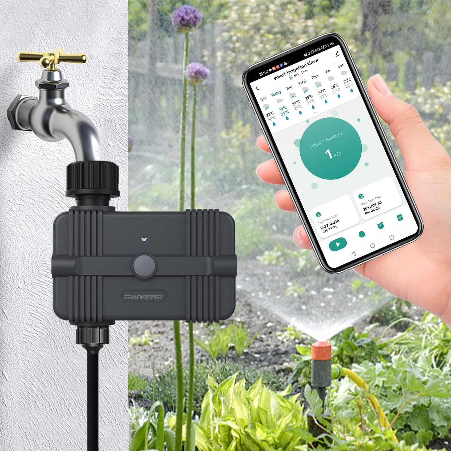 FRANKEVER WiFi Sprinkler Water Timer, Upgraded Rain Delay Function Compatible with Alexa and Google Assistant, Sprinkler Irrigation Timer Outdoor Automatic for Lawn Garden No hub Needed