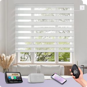 Graywind Motorized Zebra Blinds Compatible with Alexa Google WiFi Hardwired Smart Horizontal Window Blind Remote Control Light Filtering Electric Window Shades, Customized Size (Luxury Silver White)