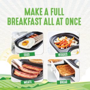 GreenLife 3-in-1 Breakfast Maker Station, Healthy Ceramic Nonstick Dual Griddles for Eggs Meat Sausage Bacon Pancakes and Breakfast Sandwiches, 2 Slice Toast Drawer, Easy-to-use Timer, Turquoise