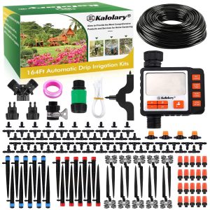 Kalolary Drip Irrigation Kit, 164 Ft Adjustable Garden Watering System with Timer, 133 PCS Blank Distribution Watering Drip Tubing Kits for Patio Lawn Garden Greenhouse Flower Bed