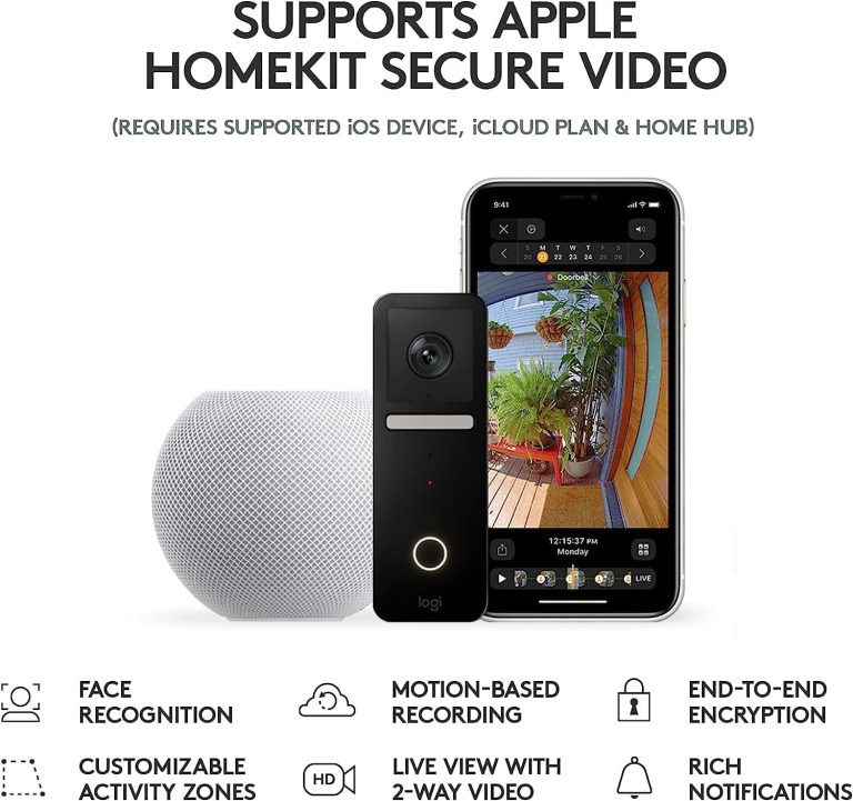 Logitech Circle View Apple HomeKit- Enabled Wired Doorbell TrueView Video, Face Recognition, Color Night Vision, and Head-to-Toe HD Video – Black (Renewed)