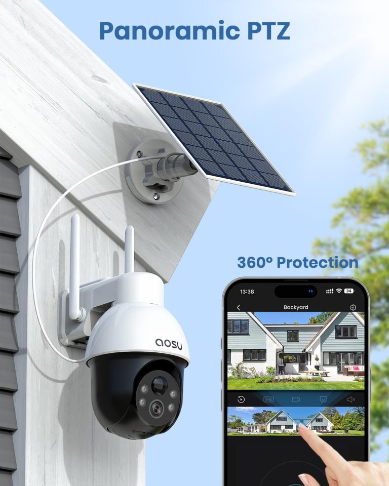 Solar Security Camera Wireless Outdoor System, 3K/5MP Battery Powered WiFi Camera for Home Security, Panoramic PTZ, Auto Tracking, Human/Vehicle Detection, Night Vision, Spotlights, 2-Way Talk